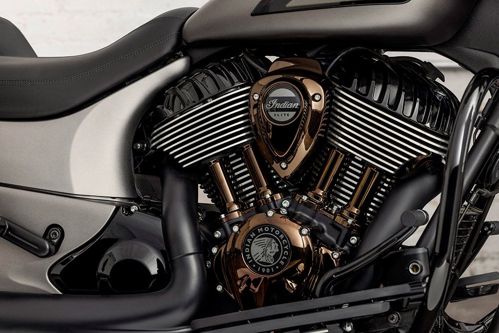 Bronze finish highlights the iconic 60-degree Indian V-twin.