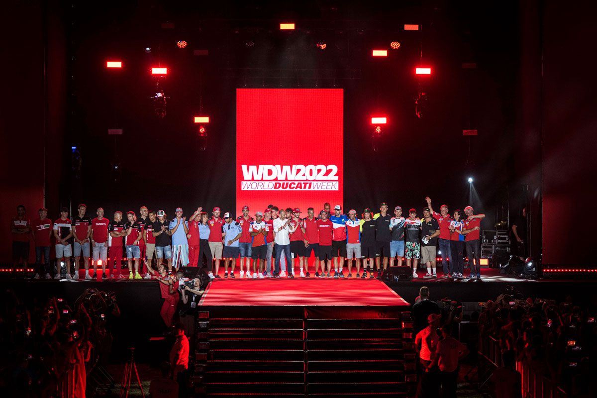 Ducati racing greats from the present and past greet the crowd Saturday evening inside Marco Simoncelli Misano World Circuit.