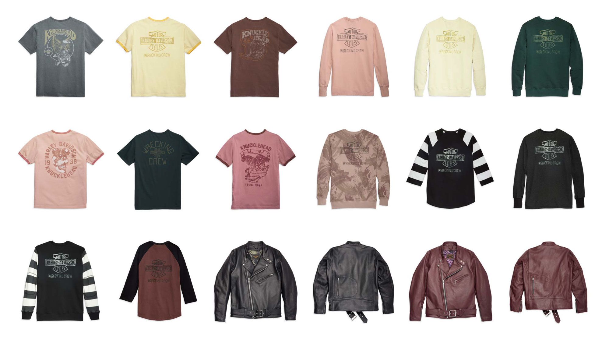 The Harley-Davidson Museum X Jason Momoa 2022 Collection: T-shirts, jerseys, and leather jackets.