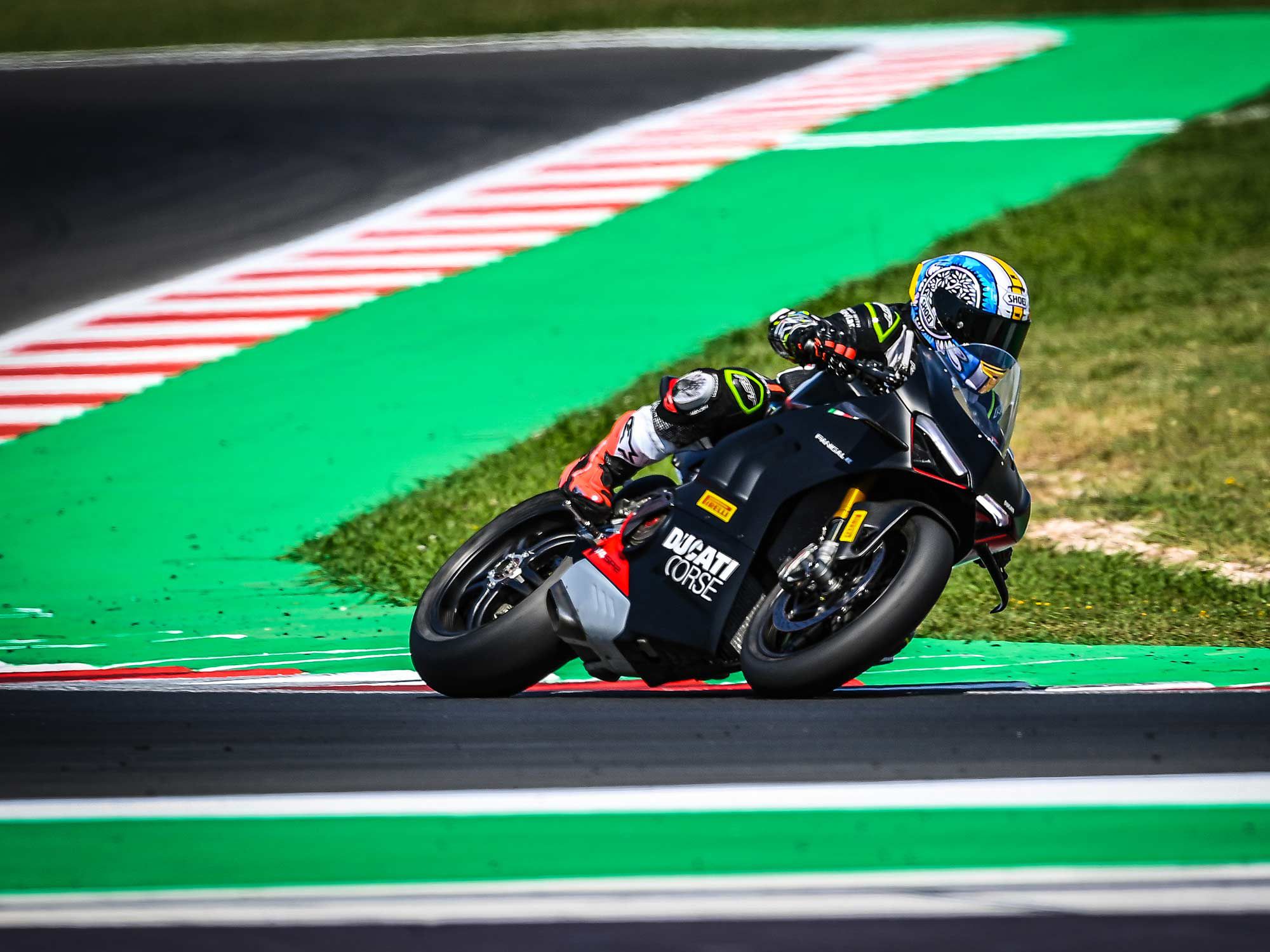 Riding the new SP2 alongside a standard V4 S at Italy’s Misano MotoGP racetrack.