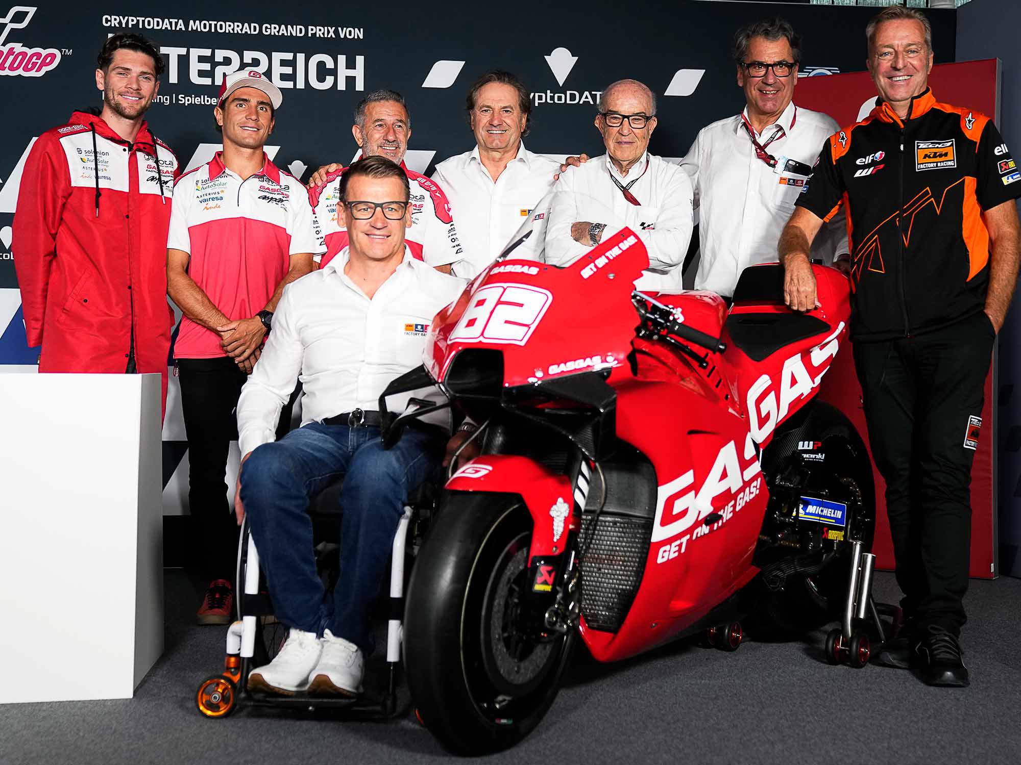 The whole gang was on hand for the GasGas announcement. Left to right: Jake Dixon and Albert Arenas (GasGas Moto2 riders), Pit Beirer, Jorge Martínez, Hubert Trunkenpolz, Carmelo Ezpeleta, Stefan Pierer, and Hervé Poncharal.