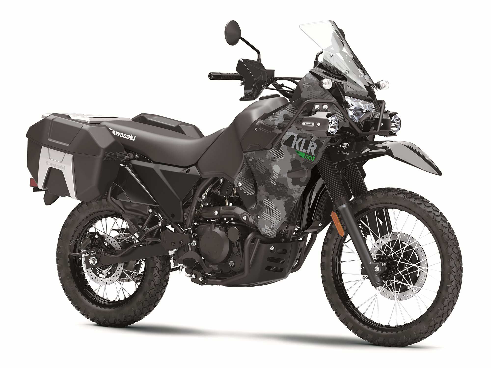 The KLR650 Adventure comes in Camo Cypher Gray, regardless of choice of ABS.