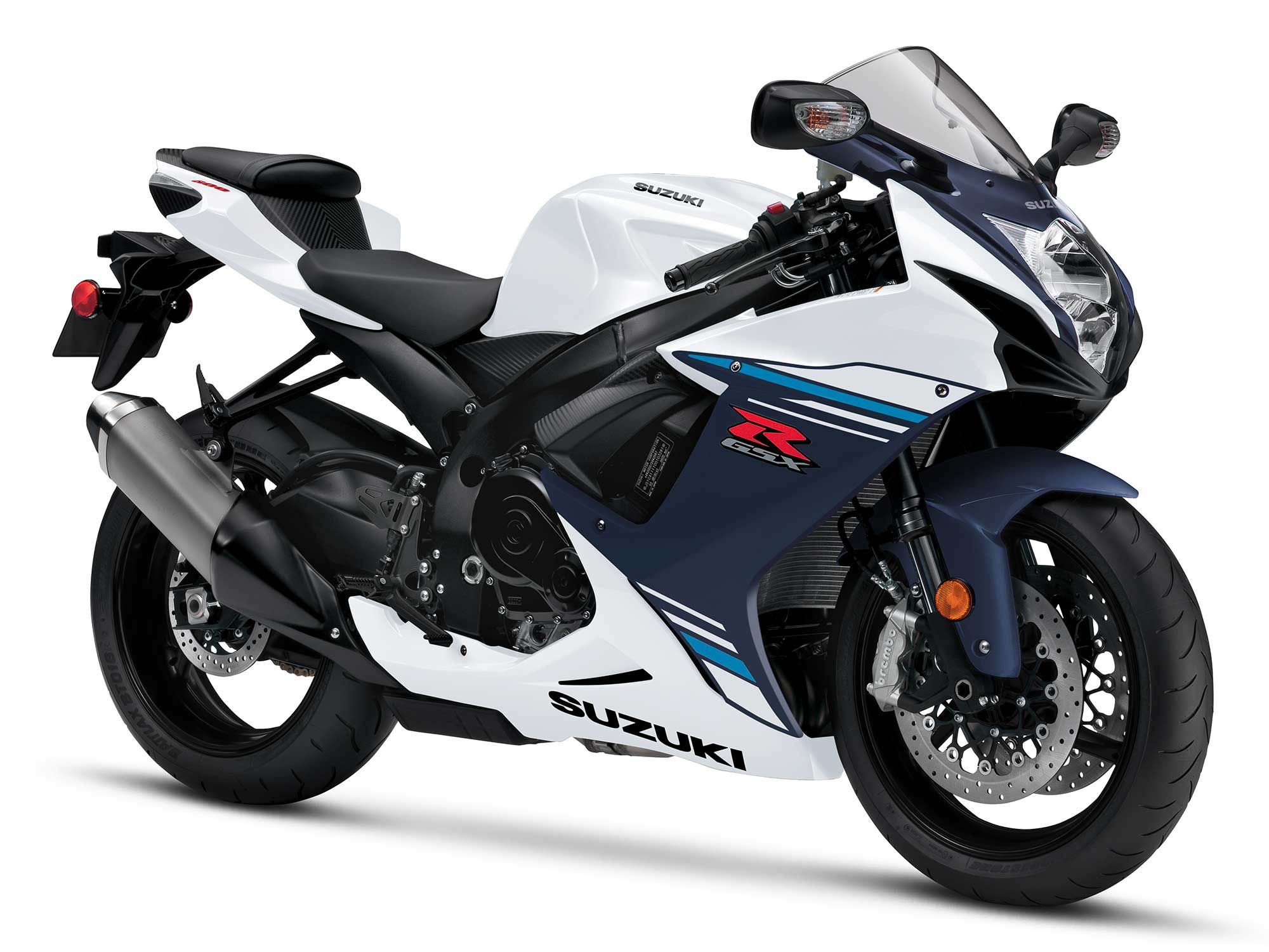 The 2023 Suzuki GSX-R600 in Pearl Brilliant White and Metallic Matte Stellar Blue.