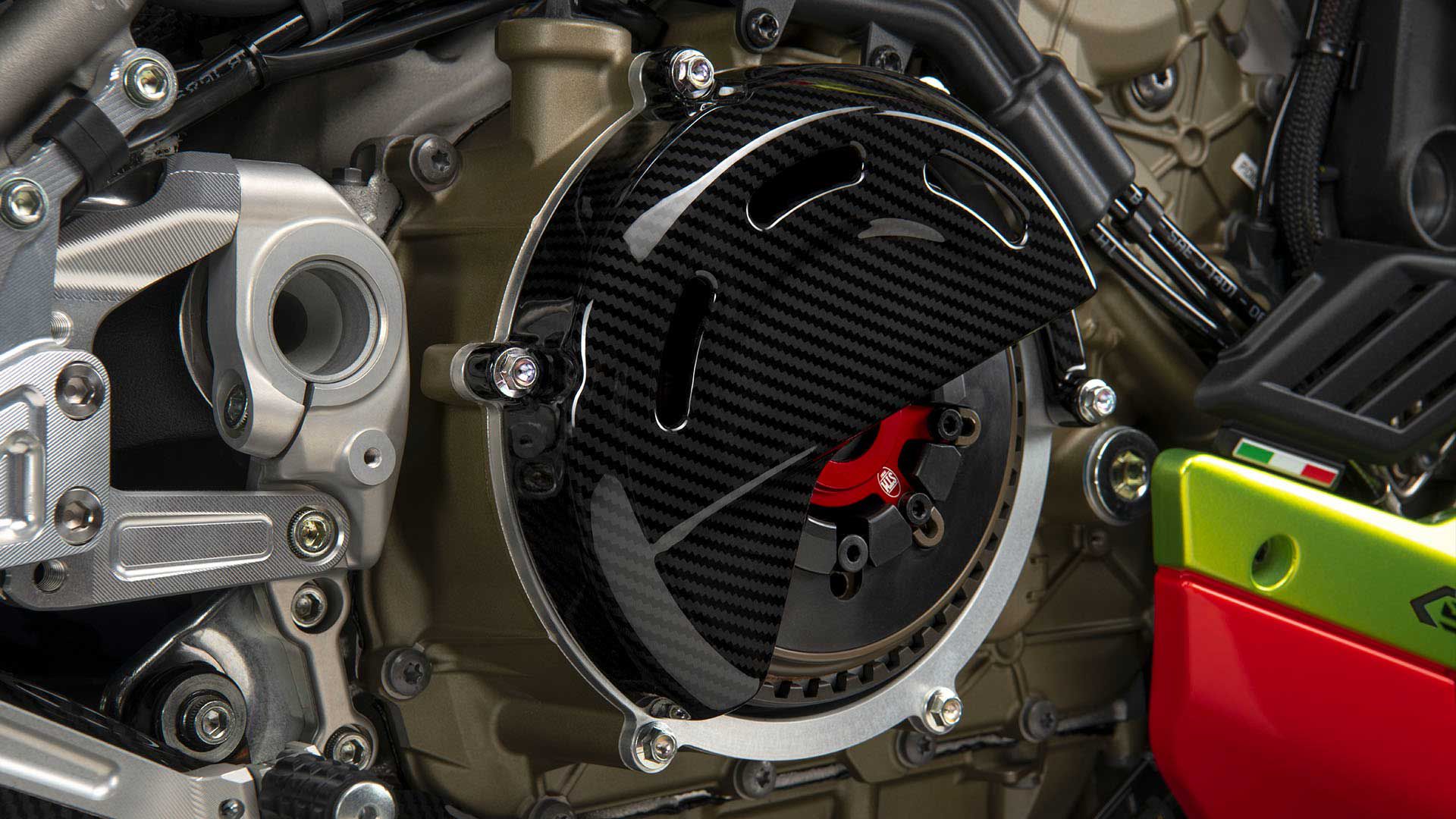 Trackday junkies take note: the carbon fiber dry clutch cover.