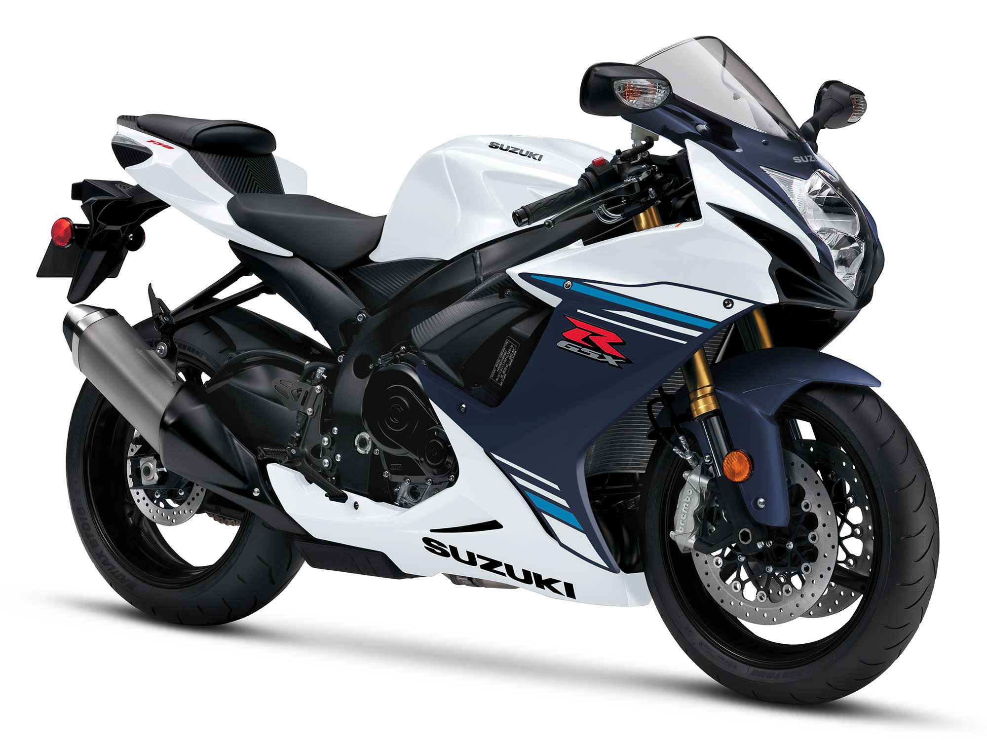 2023 Suzuki GSX-R750 in Pearl Brilliant White and Metallic Matte Stellar Blue.