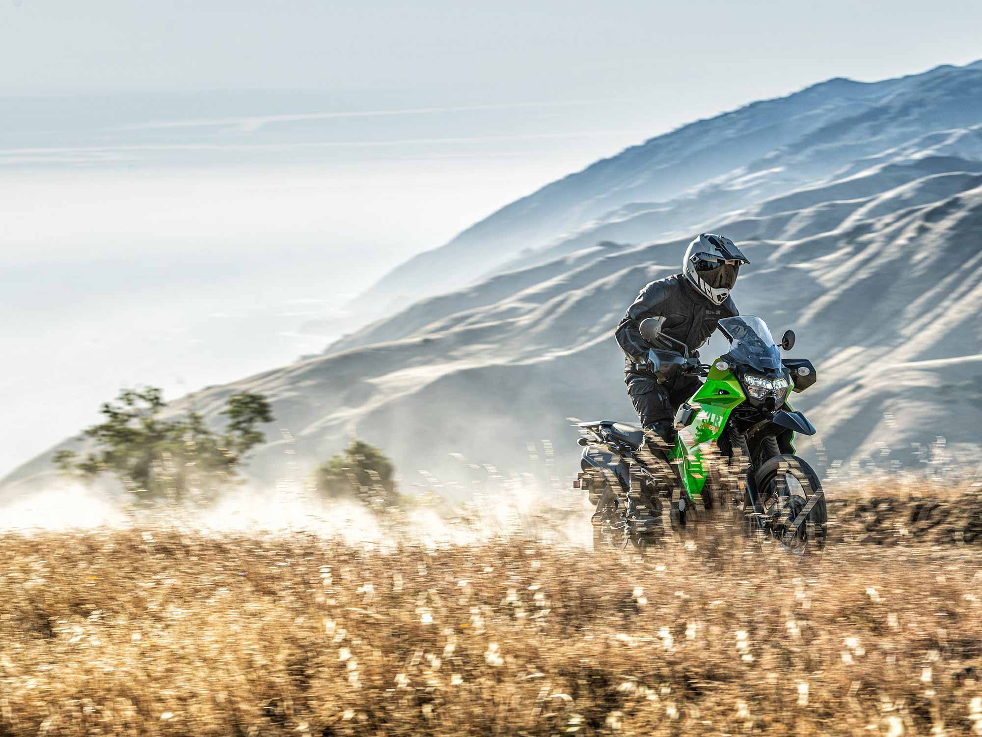 The new KLR S’ adjustments contribute to confident touch-downs. Dusty adventures await riders of all sizes.