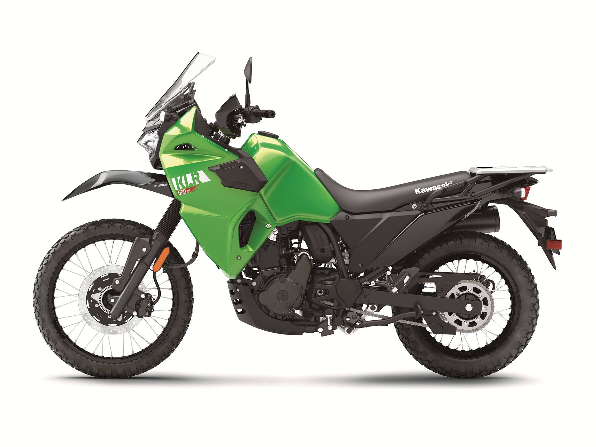 The non-ABS KLR650 S comes in Candy Lime Green (depicted) or Pearl Storm Gray for an MSRP of $6,899.