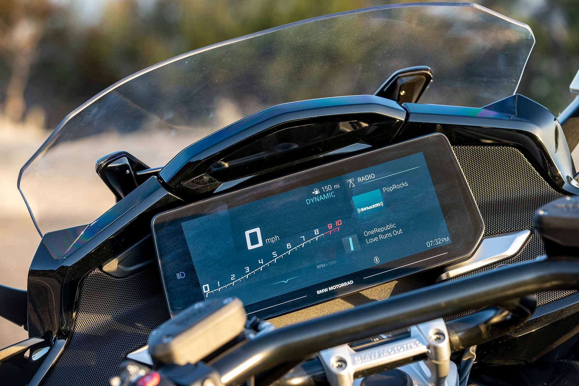 The K 1600 platform employs a giant 10.25-inch color TFT screen. The display is sharp and easy to read day or night. We appreciate the consistent BMW font and menu navigation.