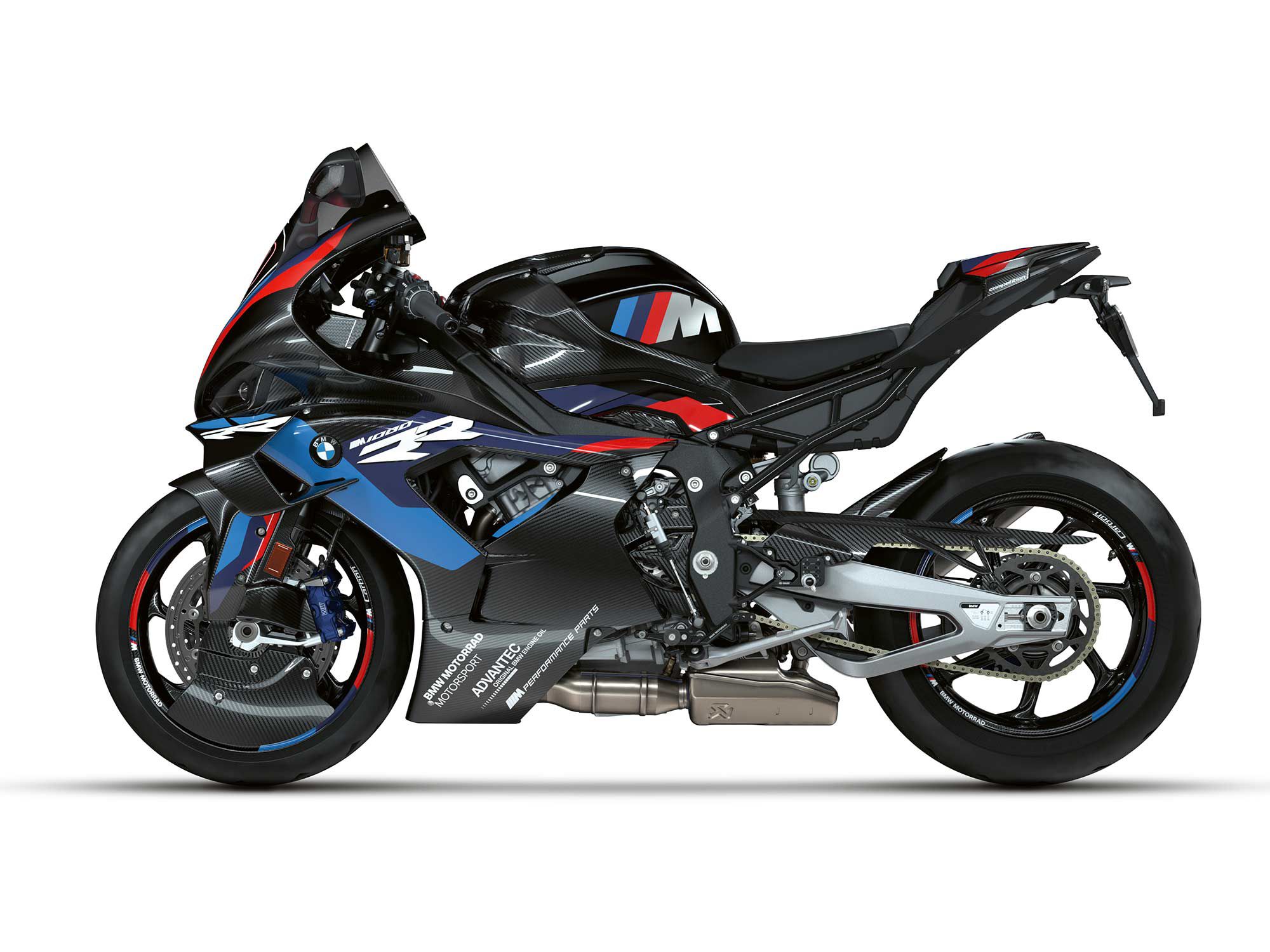 The BMW M 1000 RR, with M Competition trick bits like the carbon fiber brake cooling air ducts integrated with the mudguards.
