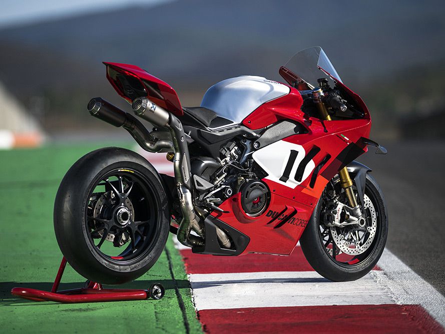 The Ducati Panigale V4 R on the track in track trim.
