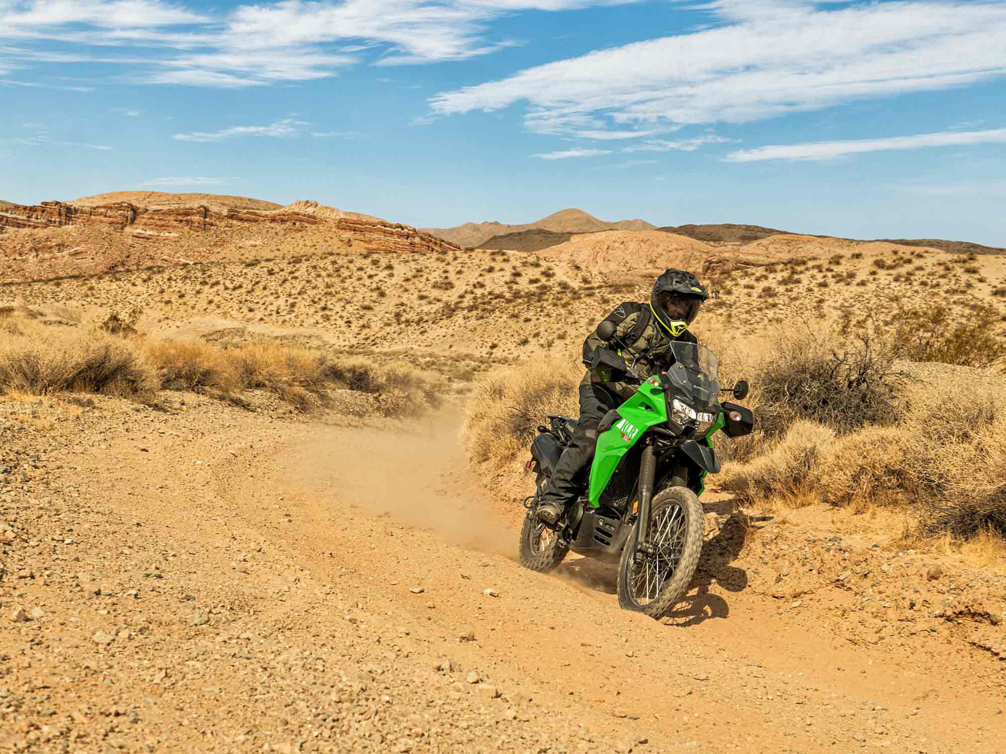 The bulk of what makes the KLR a capable off-road ride remains: 21- and 17-inch tube-type tires, spark arrestor–equipped exhaust, rigid steel frame, and 652cc single-cylinder engine.