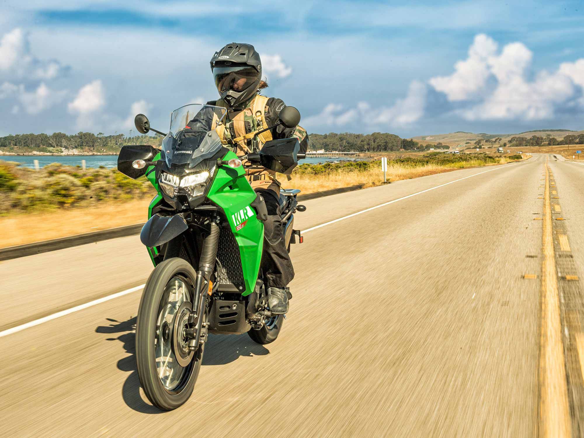 In typical KLR fashion, riding comfort includes standard hand guards and an adjustable windscreen.