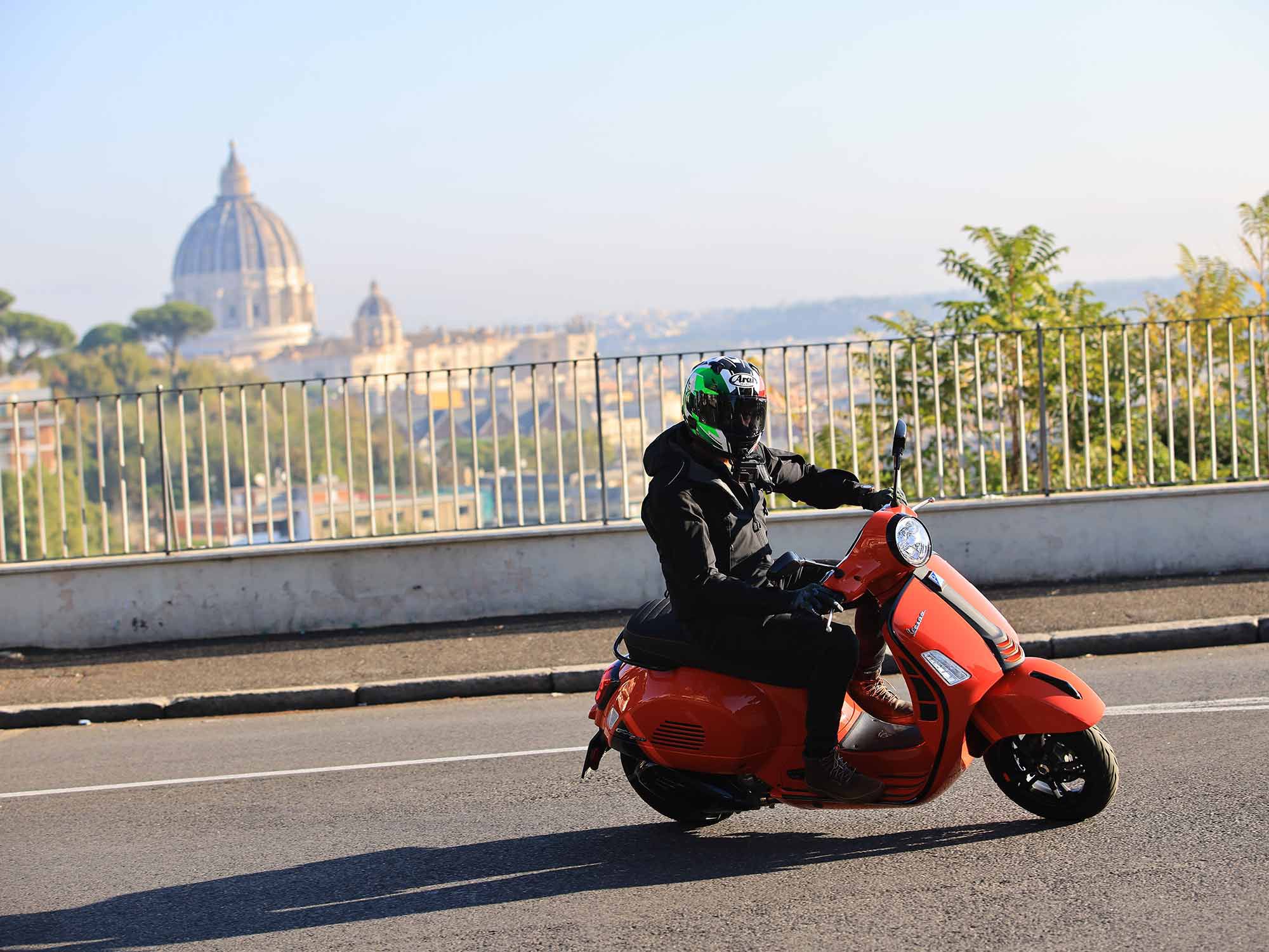 We explore the ancient city of Rome aboard Vespa’s 2023 GTS 300 gasoline-powered scooter.