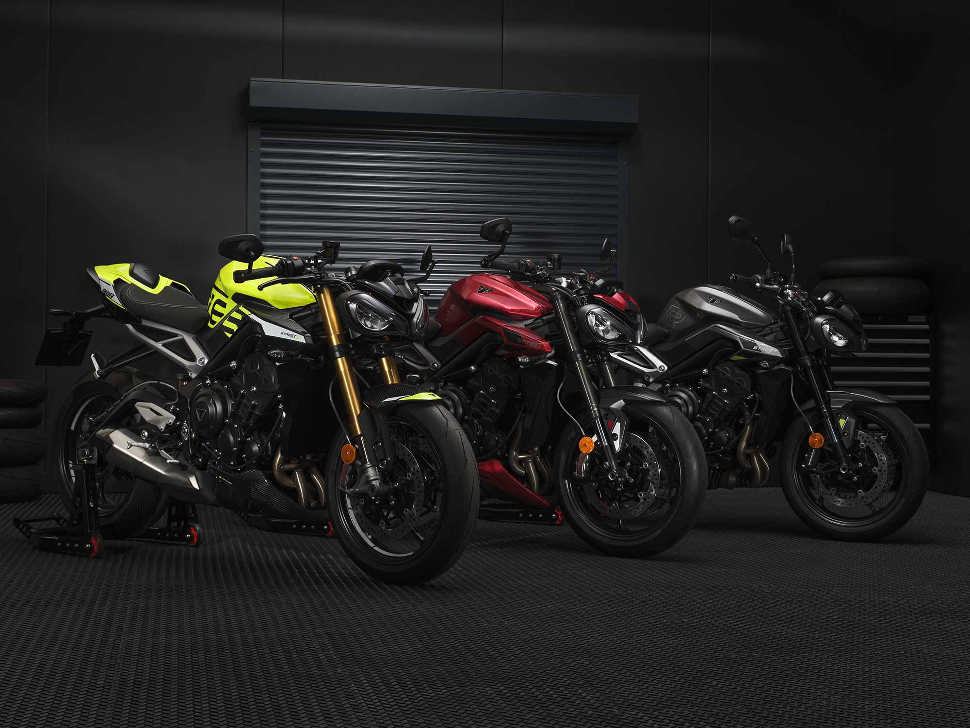 The new Street trio: the Street Triple 765 Moto2, Street Triple 765 RS, and Street Triple 765 R.