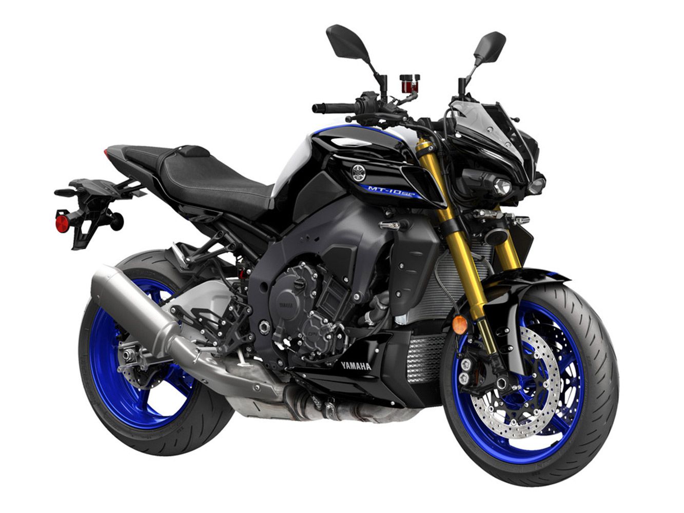 The MT-10 SP benefits from Öhlins semi-active suspension and comes in a YZF-R1M-inspired Liquid Metal/Raven color scheme. Other upgrades include steel braided brake lines.
