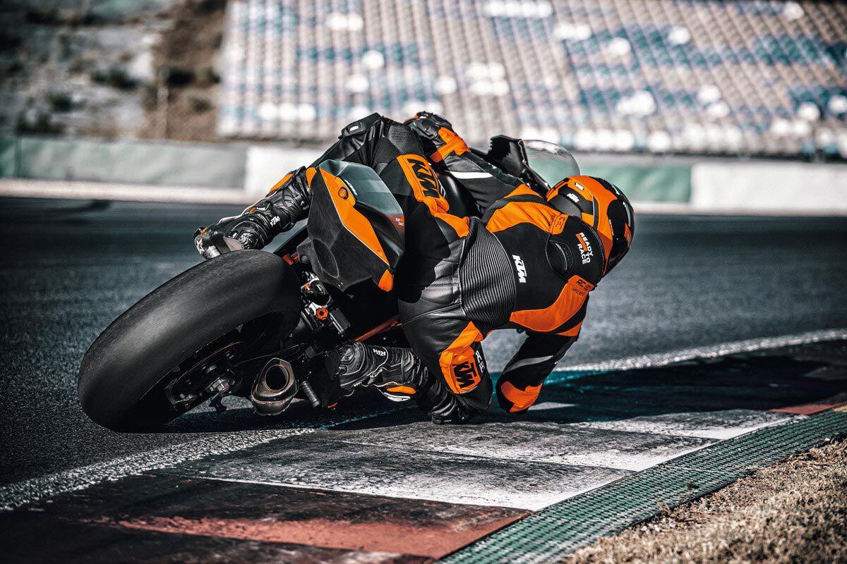 New Akrapovič exhaust helps keep the KTM RC 8C light, so you can get lower.