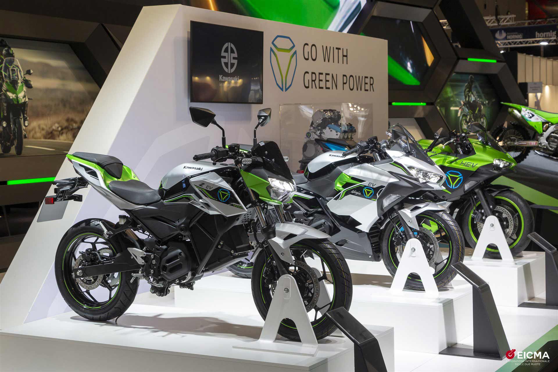 Team Green gets green, period. Two as-yet-unnamed 2023 Kawasaki EV bikes.