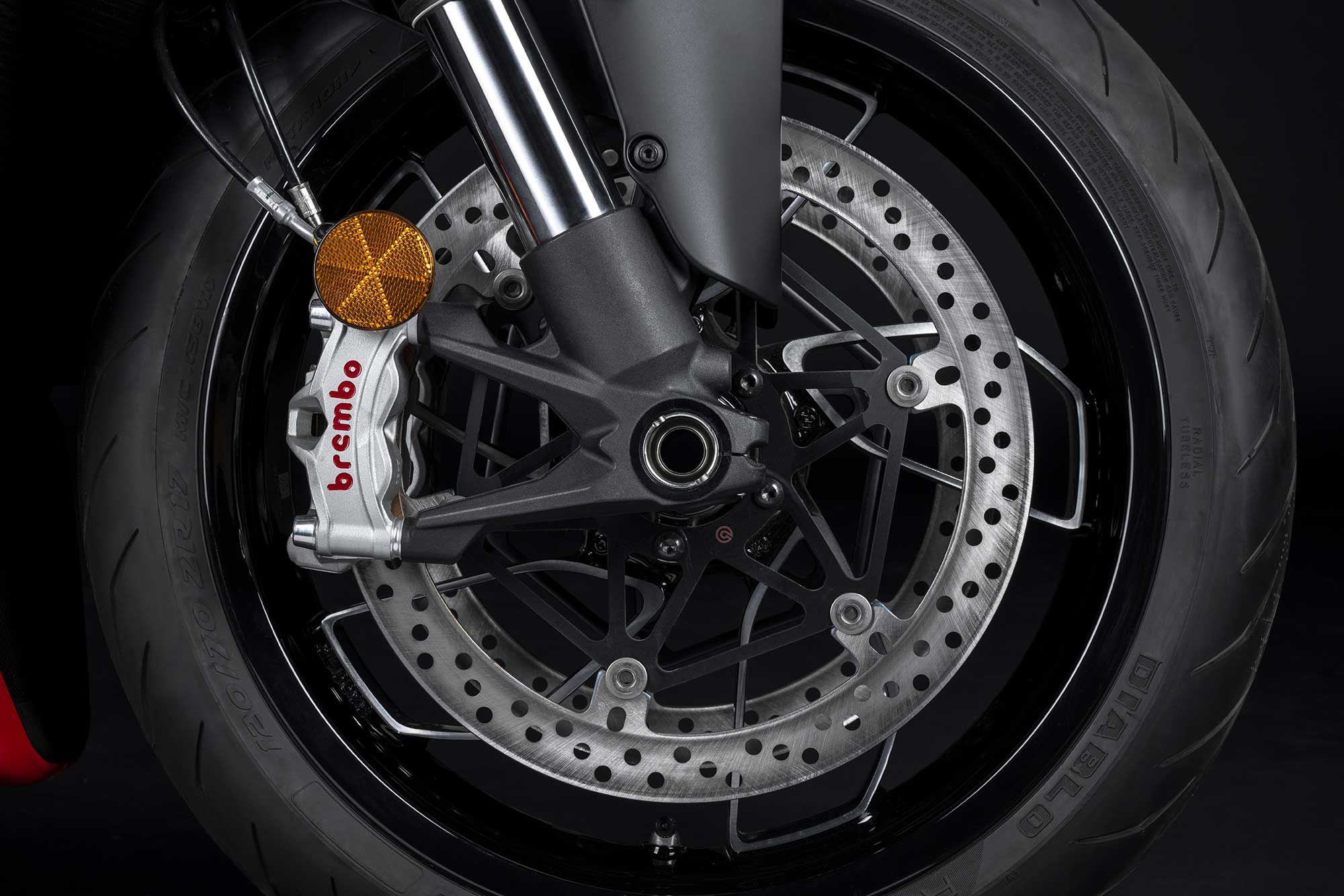 Brembo Stylema four-piston radial calipers are intended to offer all the stopping power needed to get the Diavel V4 slowed down.