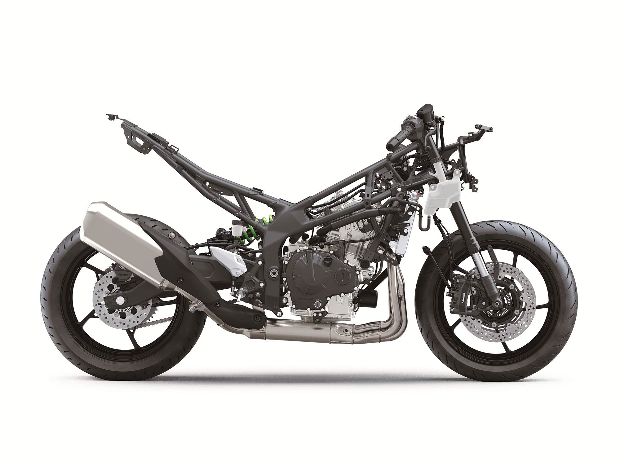The Ninja ZX-4RR features a high-revving inline four engine hung inside a steel frame.