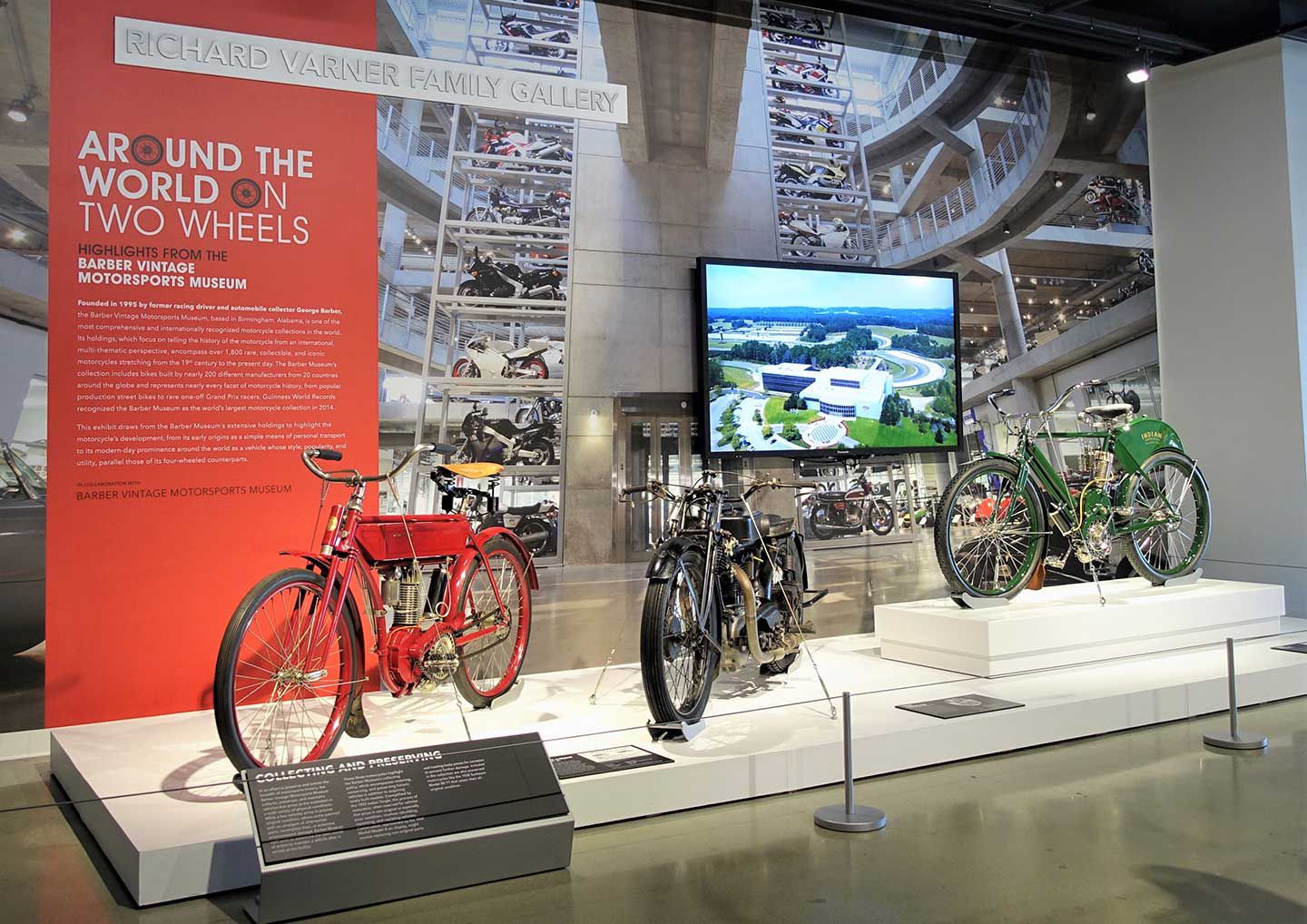 Merkel, Sunbeam, Indian: another look at the front display of the “Around the World on Two Wheels” exhibit.