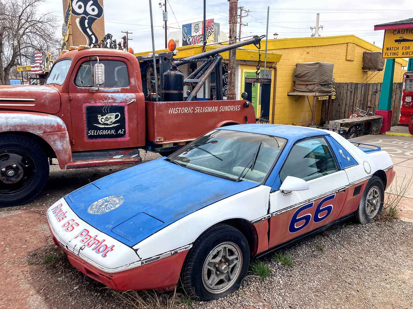 Best car seen all trip: a Pontiac Fiero guards freedom in Seligman, Arizona.