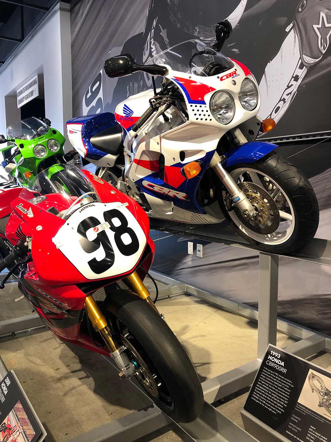 A pair of rockets looking to take off. Honda’s boundary-breaking production 1993 CBR900RR Fireblade, with Jake Zemke’s 2008 Honda CBR600RR racer below.
