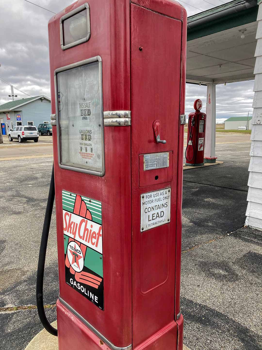 The first of countless vintage gas pumps, in Dwight, Illinois.