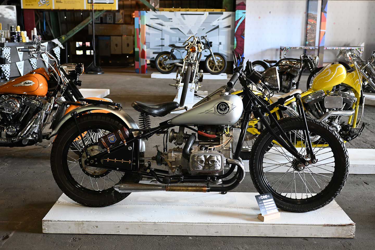 One of our show favorites was this rigid frame custom with an Indian springer fork and Indian Four tanks, powered by a Ukrainian Dnepr 650 engine and customized by Morto Olson.
