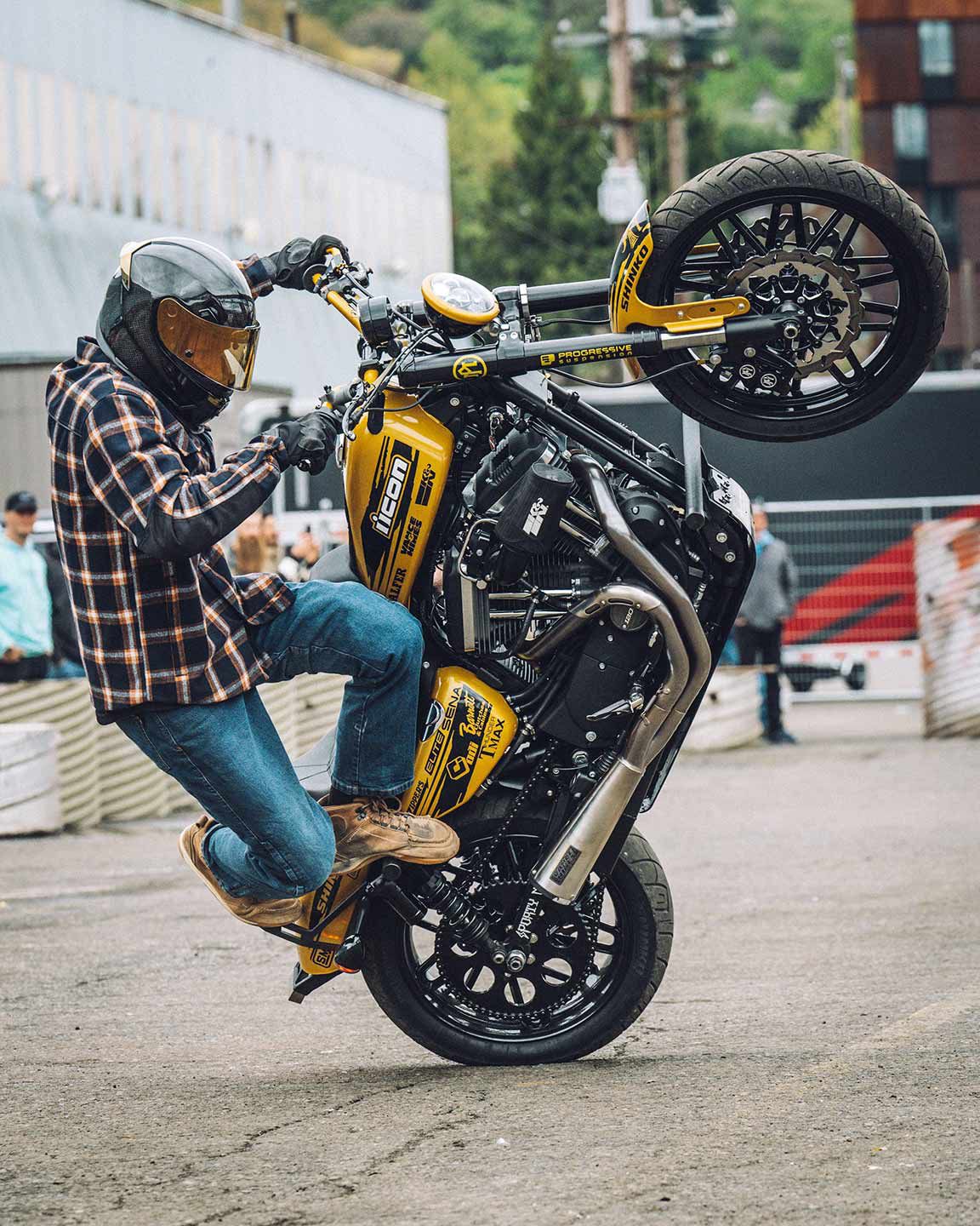 Every time we turned around there seemed to be a stunt show going on next to the Barge Building, with Icon stunt riders Rob Carpenter and Sean “Sets” Hadley among the pros entertaining the crowds.