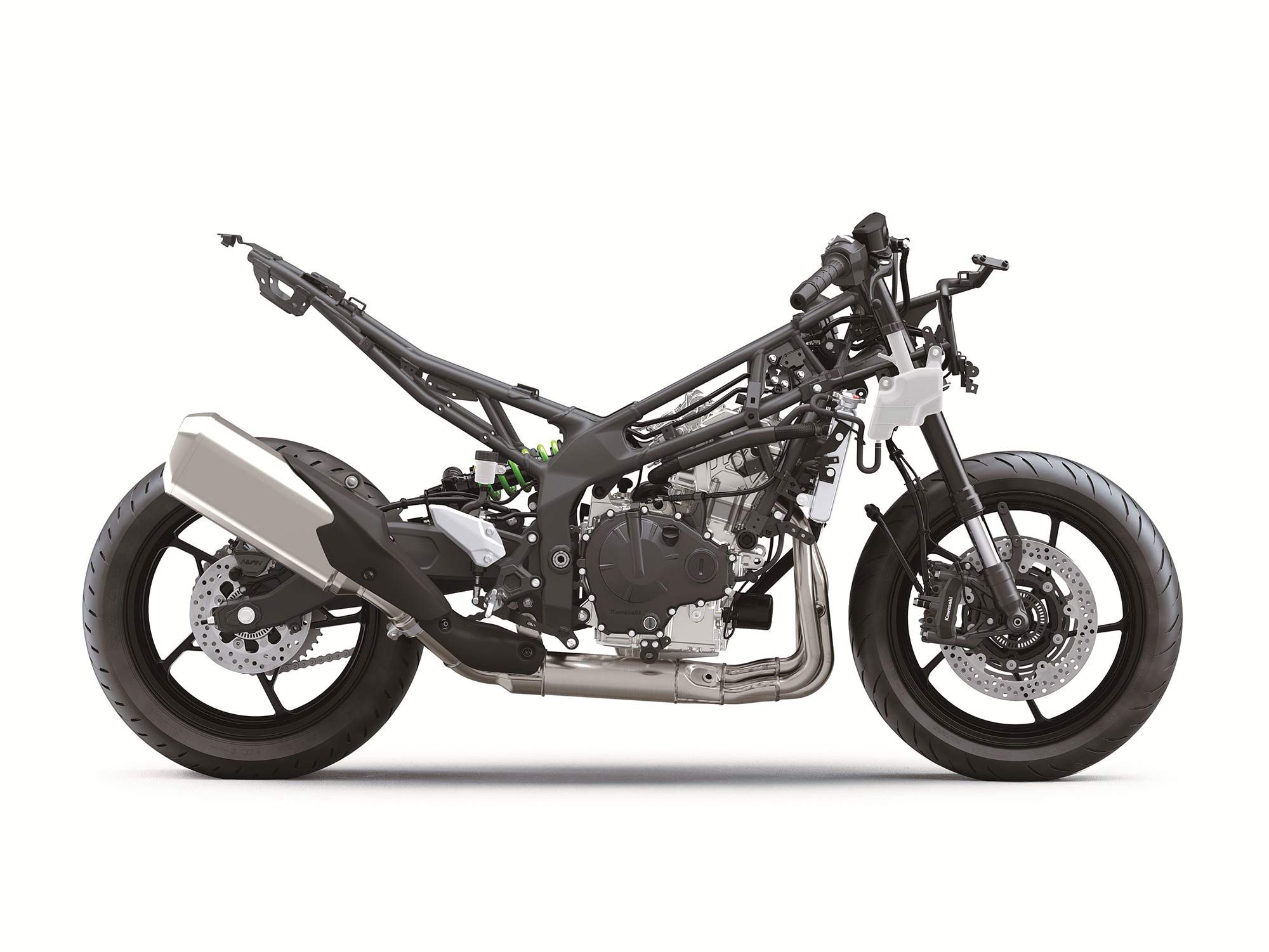 The ZX-4RR uses a cost-effective steel-trellis frame and a steel banana-style swingarm. The wheelbase measures 54.3 inches, identical to the Asian-market Kawasaki ZX-25R that the 4RR is largely based on.
