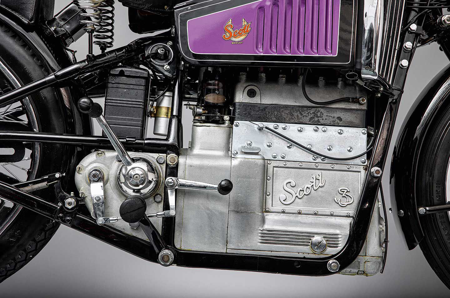 Detail of Scott Model 3S crankcase, made of Elektron—a proprietary high-performance magnesium alloy.
