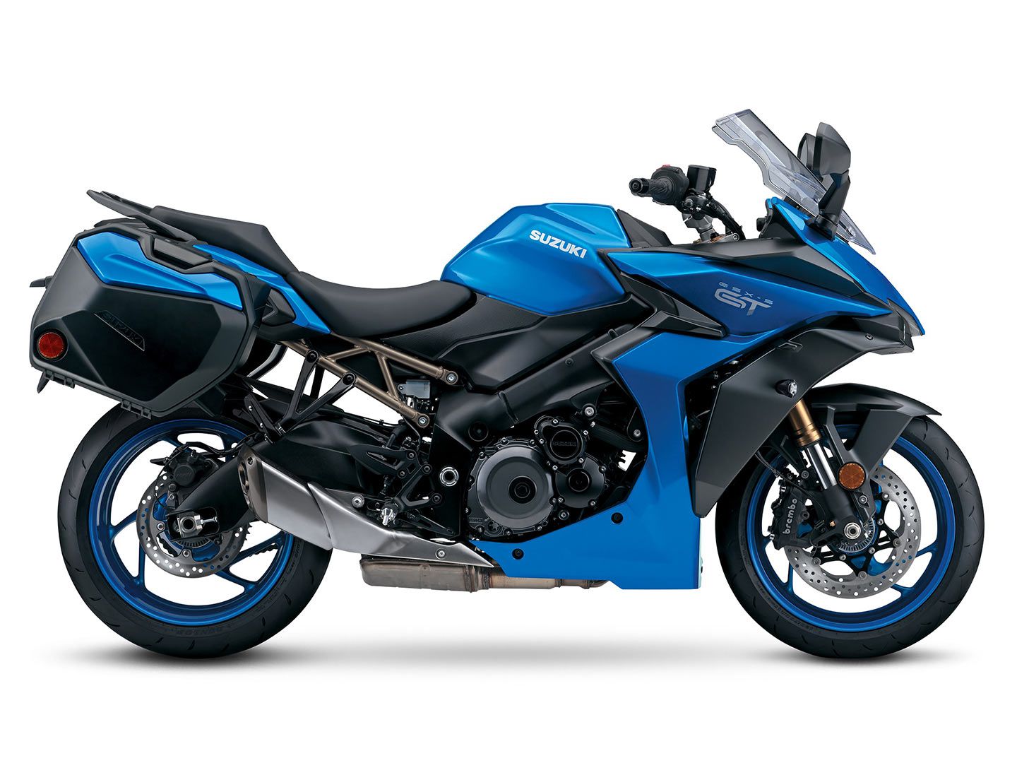 The Suzuki GSX-S1000GT and GT+ are capable sport-tourers thanks to a combination of great engine and chassis, modern rider aids, comfortable ergos, good wind protection, hard luggage (standard on the GT+ model), and an affordable price tag. The 2023 GT+ (shown) is now available in a brighter Metallic Triton Blue color option, alongside Glass Sparkle Black.