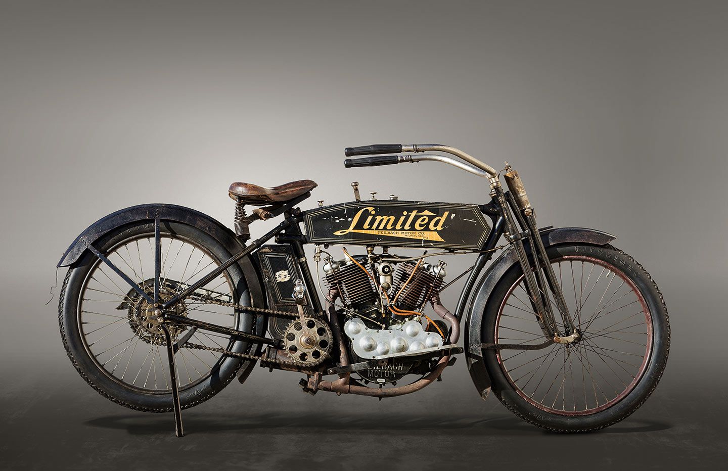 A 1913 or 1914 Feilbach Limited V-twin, manufactured in Milwaukee, Wisconsin. This example was produced by owner Arthur Feilbach himself from spare parts.