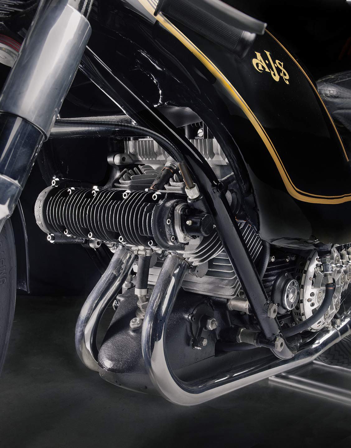 Detail of the 1954 AJS 500cc E95 “Porcupine” Works Racer. While this engine does not have the spiky fins of the original E90 model, the E95 nevertheless retained the Porcupine moniker.