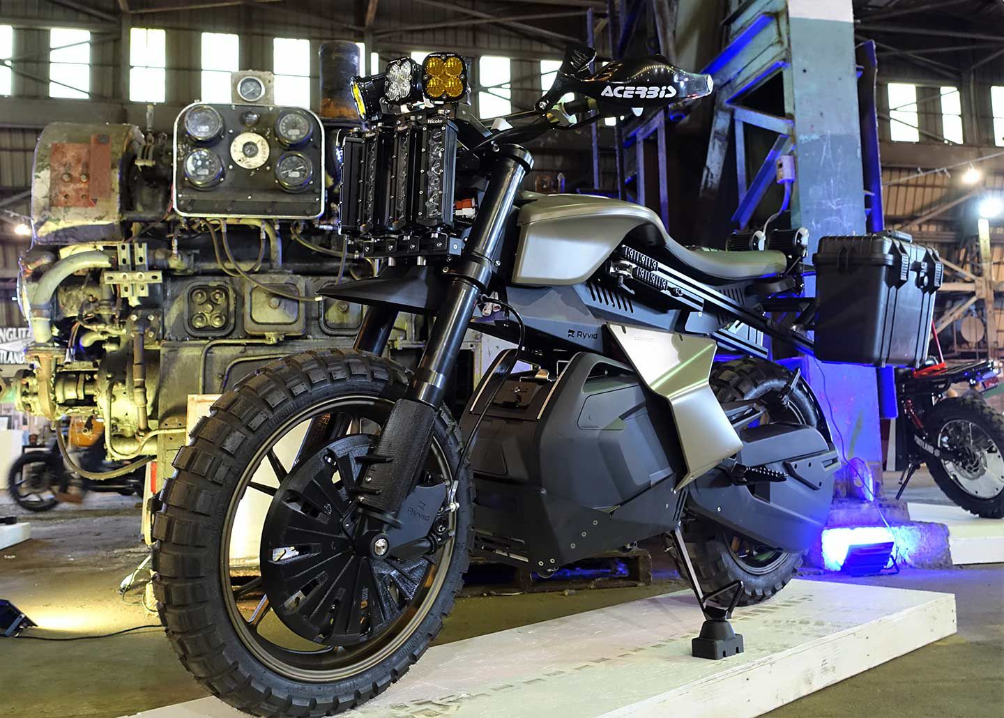 Ebike maker Ryvid proudly displayed its Anthem model, which features a bespoke, lightweight stainless steel chassis, adjustable ride height, and a removable 4.3kWh battery pack. This custom e-ADV bike looks the business.