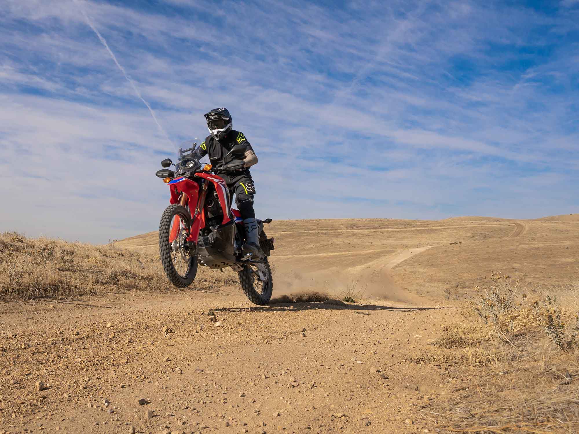 Honda’s CRF300L Rally straddles the line between low-displacement adventure bike and dual sport, tending more toward the off-road side.