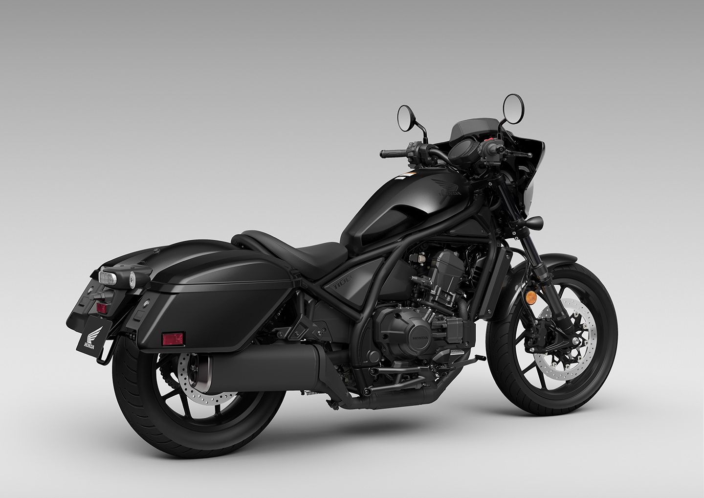 Honda Rebel 1100T DCT in Metallic Black. Notice all of the blacked-out components Honda has incorporated into the design.
