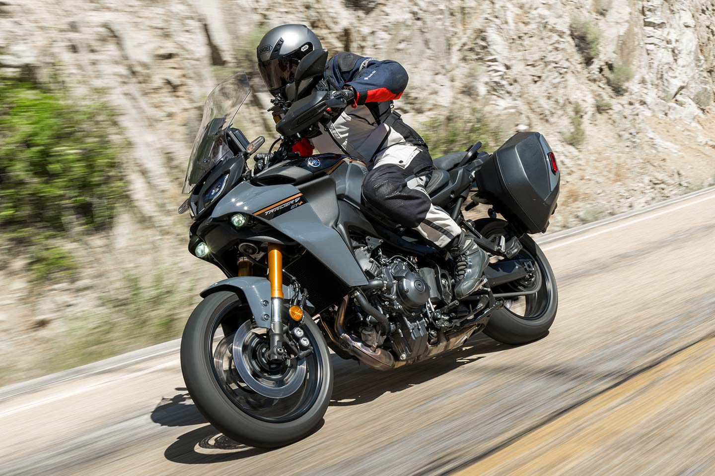 The 2024 Yamaha Tracer 9 GT+ sports upright and more relaxed ergonomics which let miles melt away with ease.