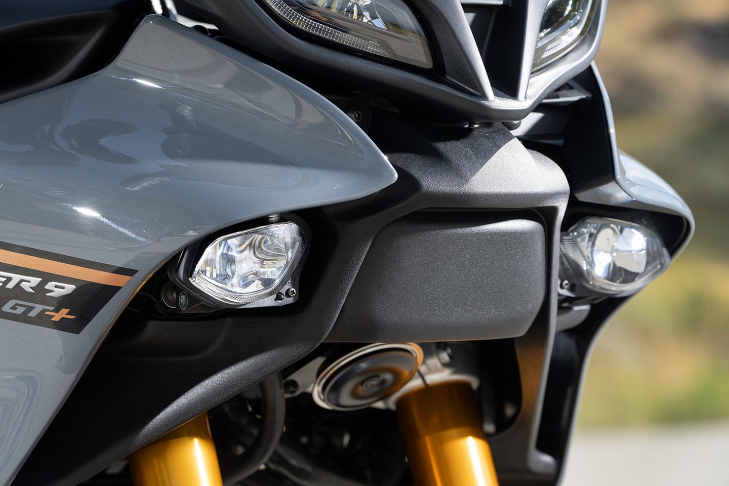 Positioned in the nose of the Tracer 9 GT+ is radar hardware, which measures distance between it and the vehicle(s) ahead.