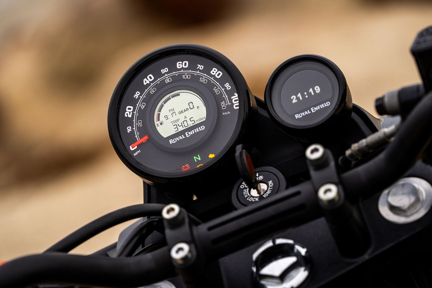 Instrumentation is tastefully styled and functional. The main instrument pod is flanked by a handy smartphone-app-powered (Royal Enfield Tripper) navigation display.