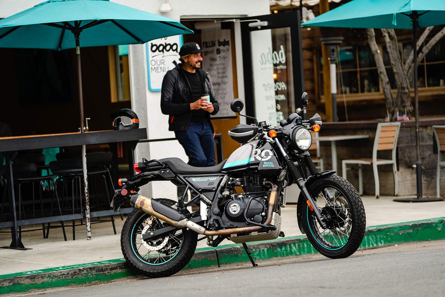 Grabbing coffee in Carlsbad, California, aboard Royal Enfield’s Scram 411 ($5,099).